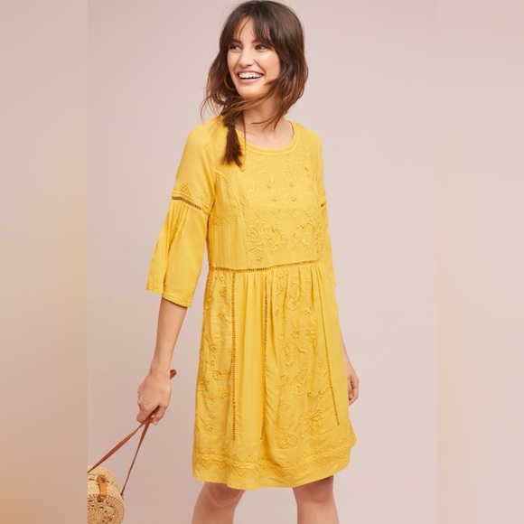 ANTHROPOLOGIE AKEMI + KIN embroidered‎ dress yellow Peasant boho SIZE MEDIUM - Picture 1 of 13